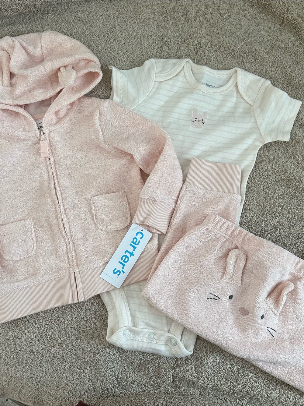 Carter's Soft Pink Bunny Hoodie & Pant Set with Striped Bodysuit